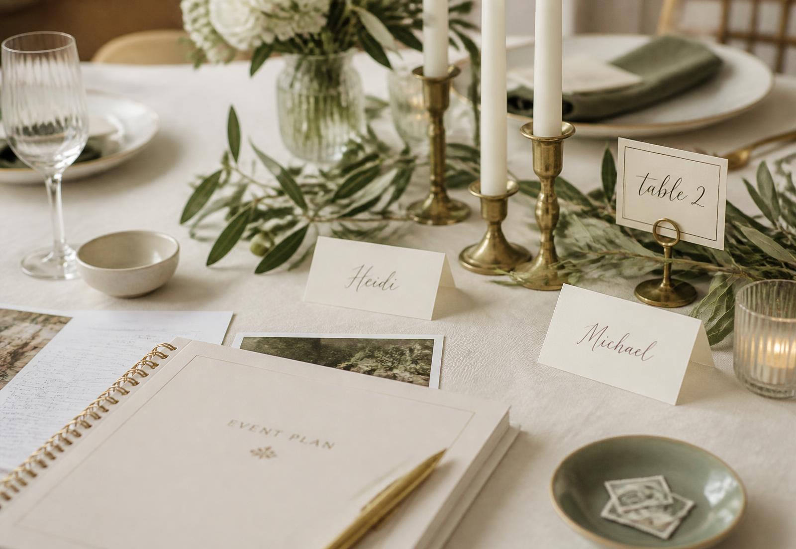 Styled event planning table with ivory linen, brass candlesticks and place cards
